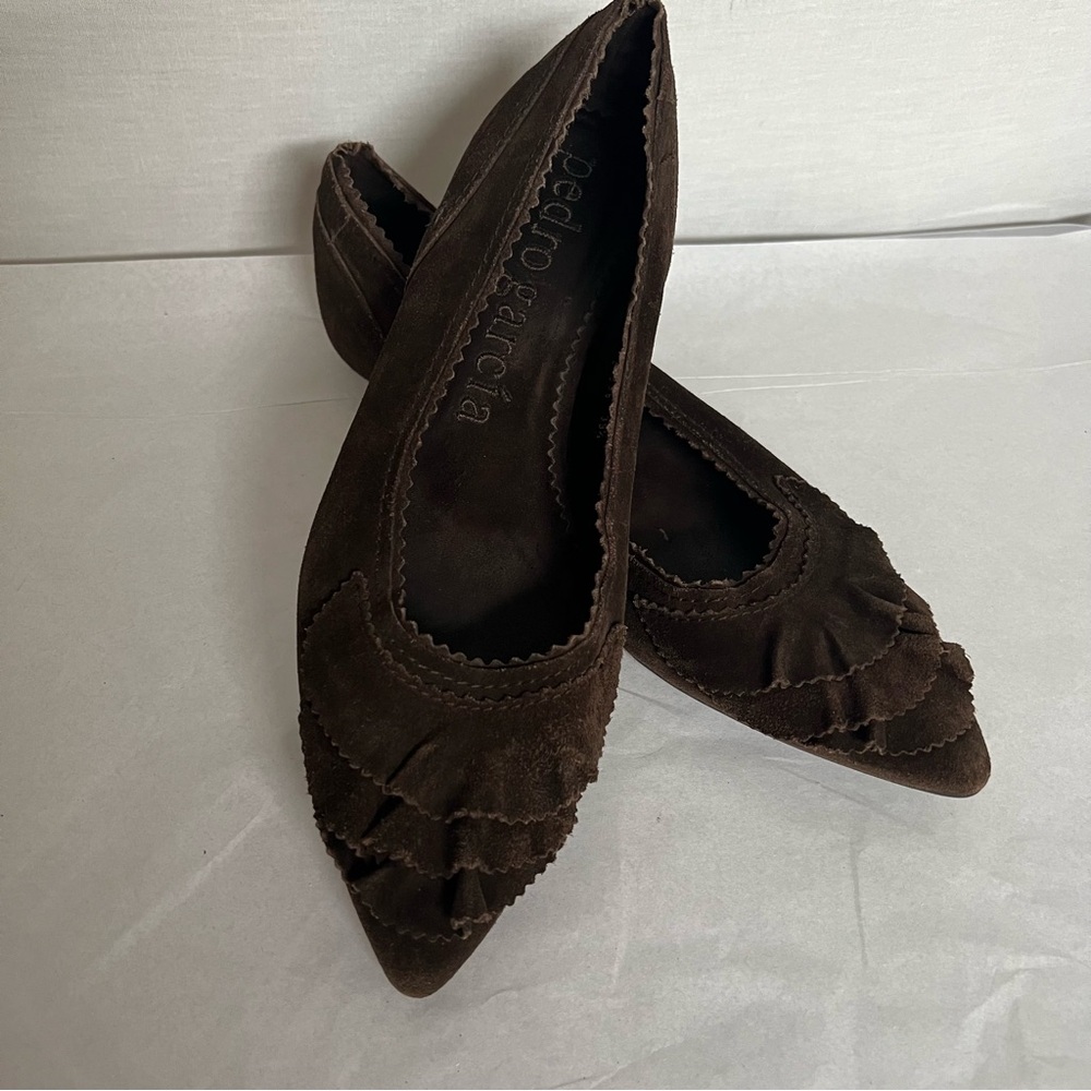Pedro Garcia Chocolate Brown Suede Pointed Toe Ruffled Loafers
